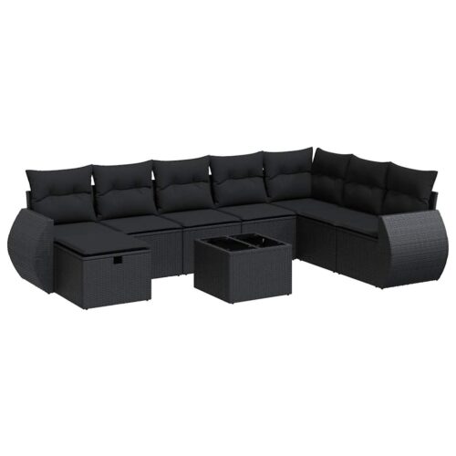 9-Piece Garden Sofa Set with Cushions Black Poly Rattan