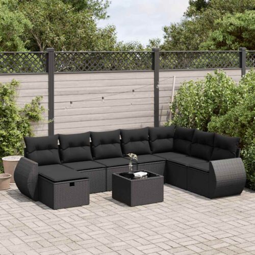 9-Piece Garden Sofa Set with Cushions Black Poly Rattan - Image 2