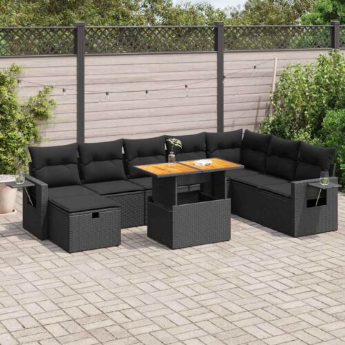 9-Piece Garden Sofa Set with Cushions Black Poly Rattan Acacia - Image 2