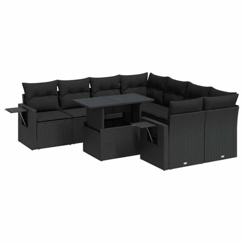 9-Piece Garden Sofa Set with Cushions Black Poly Rattan - Image 13