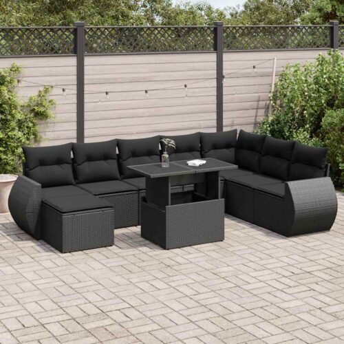 9-Piece Garden Sofa Set with Cushions Black Poly Rattan - Image 2