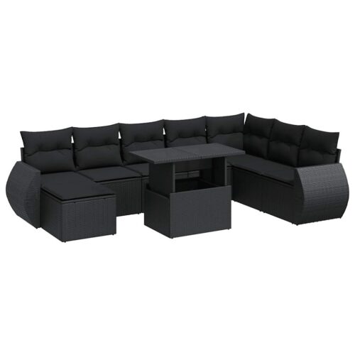 9-Piece Garden Sofa Set with Cushions Black Poly Rattan - Image 13