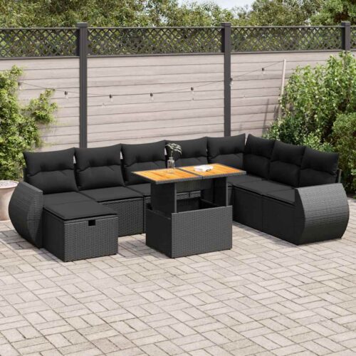 9-Piece Garden Sofa Set with Cushions Black Poly Rattan Acacia - Image 2