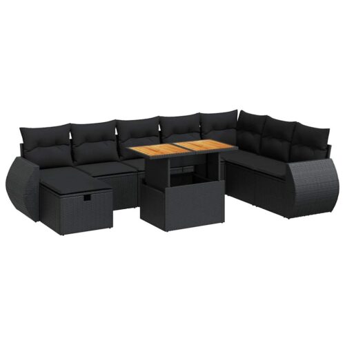 9-Piece Garden Sofa Set with Cushions Black Poly Rattan Acacia - Image 13