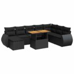 9-Piece Garden Sofa Set with Cushions Black Poly Rattan