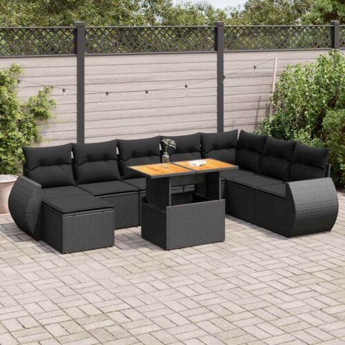 9-Piece Garden Sofa Set with Cushions Black Poly Rattan - Image 2
