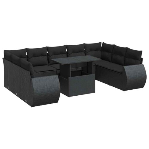 10-Piece Garden Sofa Set with Cushions Black Poly Rattan