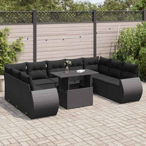10-Piece Garden Sofa Set with Cushions Black Poly Rattan - Image 2