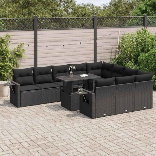 11-Piece Garden Sofa Set with Cushions Black Poly Rattan - Image 2