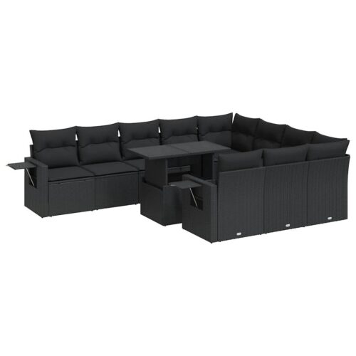 11-Piece Garden Sofa Set with Cushions Black Poly Rattan - Image 13