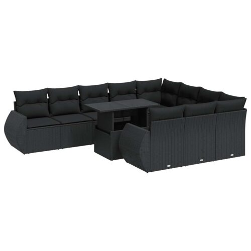 11-Piece Garden Sofa Set with Cushions Black Poly Rattan