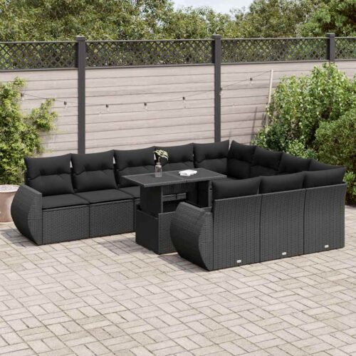 11-Piece Garden Sofa Set with Cushions Black Poly Rattan - Image 2