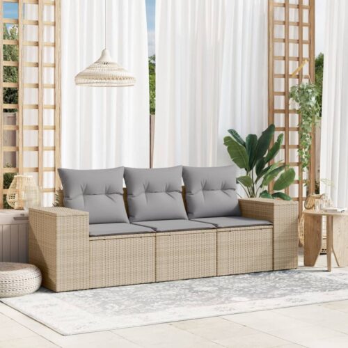 3-Piece Garden Sofa Set with Cushions Beige Poly Rattan - Image 2