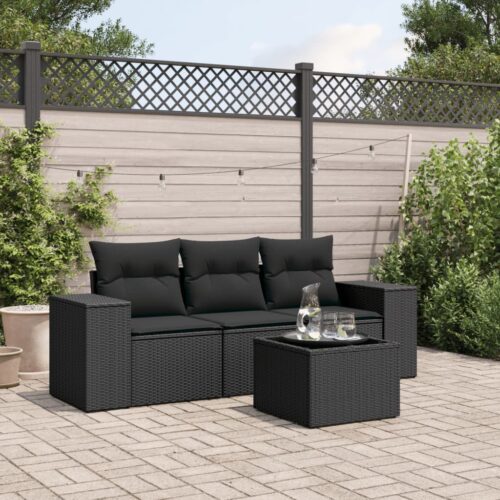 4-Piece Garden Sofa Set with Cushions Black Poly Rattan - Image 2