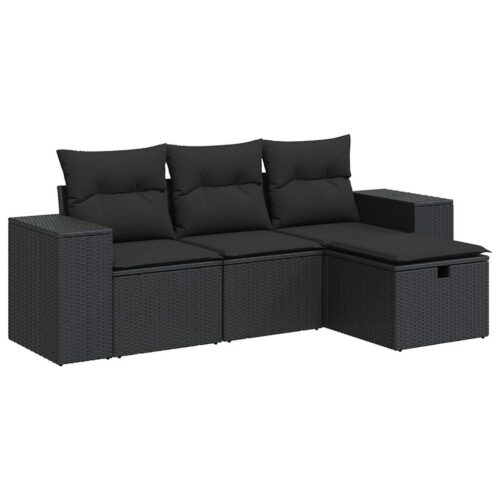 4-Piece Garden Sofa Set with Cushions Black Poly Rattan