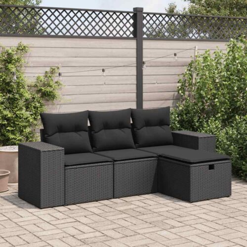 4-Piece Garden Sofa Set with Cushions Black Poly Rattan - Image 2