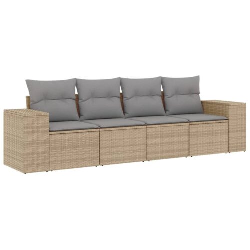 4-Piece Garden Sofa Set with Cushions Beige Poly Rattan