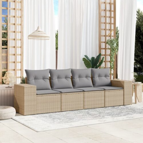 4-Piece Garden Sofa Set with Cushions Beige Poly Rattan - Image 2