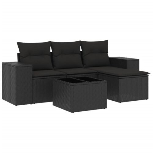 5-Piece Garden Sofa Set with Cushions Black Poly Rattan