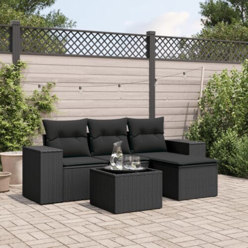 5-Piece Garden Sofa Set with Cushions Black Poly Rattan - Image 2