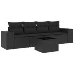 5-Piece Garden Sofa Set with Cushions Black Poly Rattan
