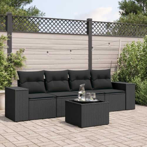 5-Piece Garden Sofa Set with Cushions Black Poly Rattan - Image 2
