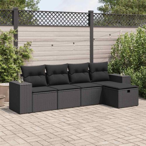 5-Piece Garden Sofa Set with Cushions Black Poly Rattan - Image 2