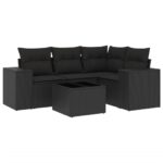 5-Piece Garden Sofa Set with Cushions Black Poly Rattan