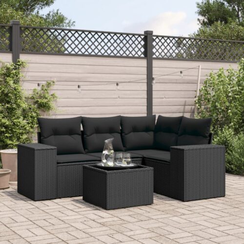 5-Piece Garden Sofa Set with Cushions Black Poly Rattan - Image 2