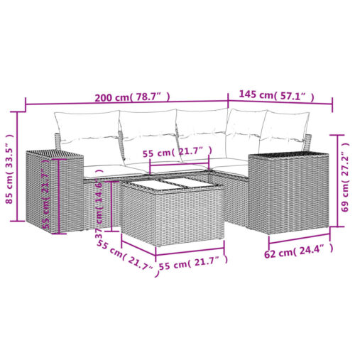 5-Piece Garden Sofa Set with Cushions Black Poly Rattan - Image 3