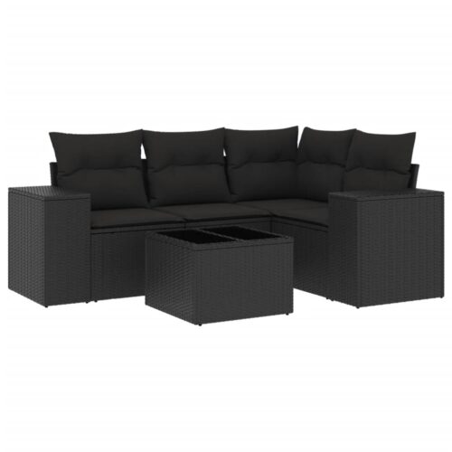 5-Piece Garden Sofa Set with Cushions Black Poly Rattan - Image 5