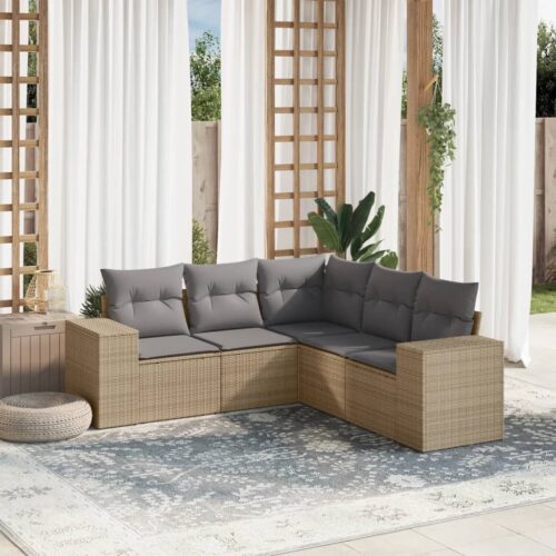 5-Piece Garden Sofa Set with Cushions Beige Poly Rattan - Image 2