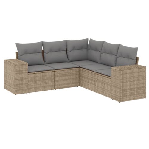 5-Piece Garden Sofa Set with Cushions Beige Poly Rattan - Image 5