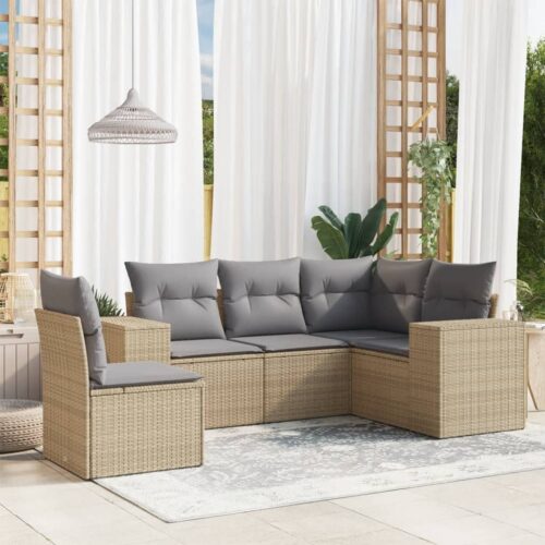 5-Piece Garden Sofa Set with Cushions Beige Poly Rattan - Image 2