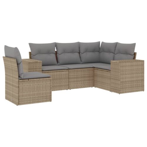 5-Piece Garden Sofa Set with Cushions Beige Poly Rattan - Image 5