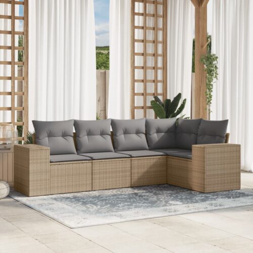 5-Piece Garden Sofa Set with Cushions Beige Poly Rattan - Image 2