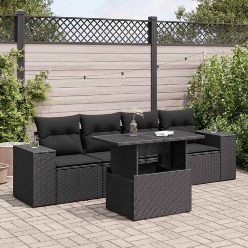5-Piece Garden Sofa Set with Cushions Black Poly Rattan - Image 2