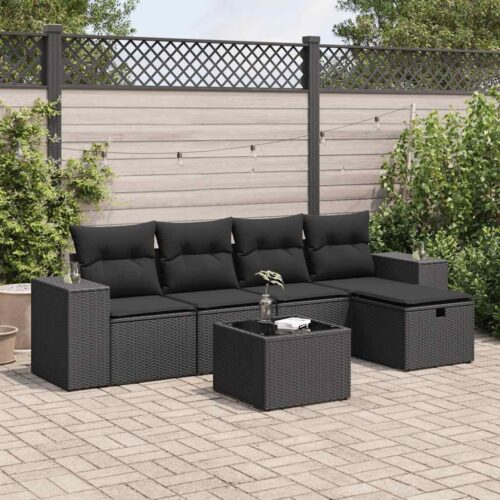 6-Piece Garden Sofa Set with Cushions Black Poly Rattan - Image 2