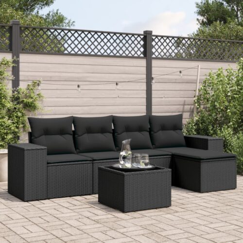 6-Piece Garden Sofa Set with Cushions Black Poly Rattan - Image 2