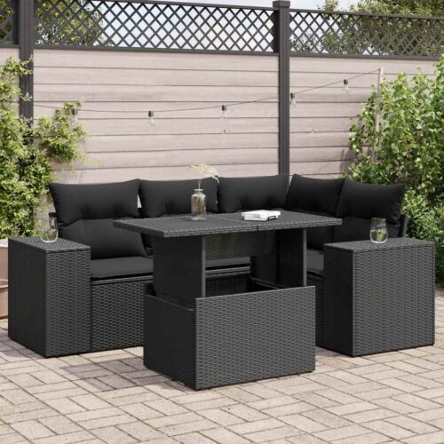 5-Piece Garden Sofa Set with Cushions Black Poly Rattan - Image 2