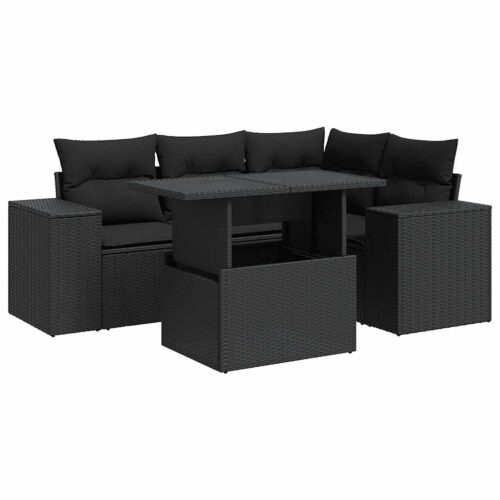 5-Piece Garden Sofa Set with Cushions Black Poly Rattan - Image 13