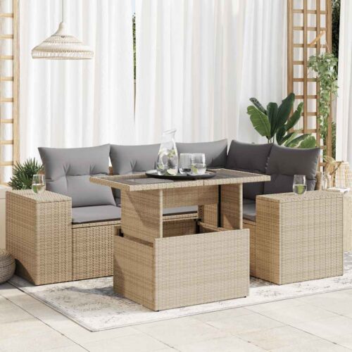 5-Piece Garden Sofa Set with Cushions Beige Poly Rattan - Image 2