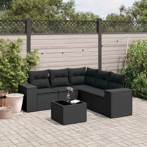 6-Piece Garden Sofa Set with Cushions Black Poly Rattan - Image 2