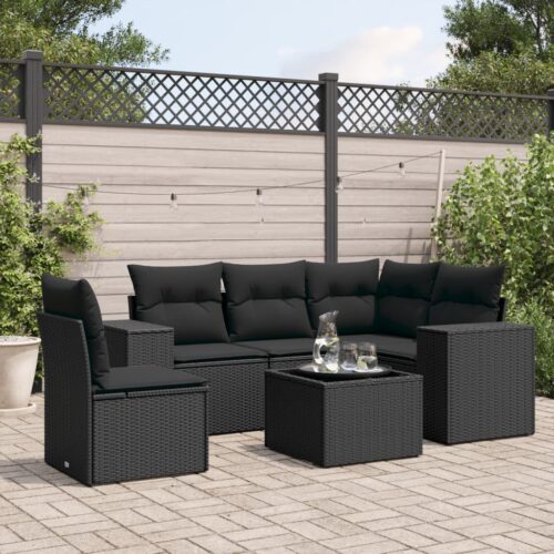 6-Piece Garden Sofa Set with Cushions Black Poly Rattan - Image 2