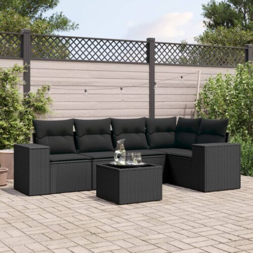 6-Piece Garden Sofa Set with Cushions Black Poly Rattan - Image 2