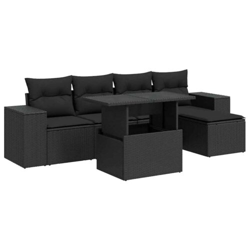 6-Piece Garden Sofa Set with Cushions Black Poly Rattan