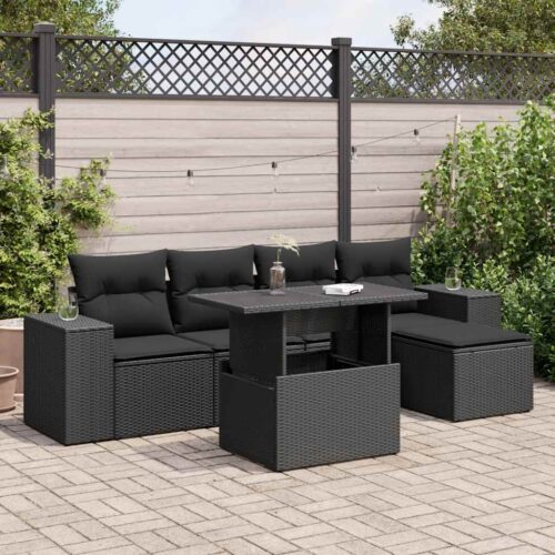 6-Piece Garden Sofa Set with Cushions Black Poly Rattan - Image 2