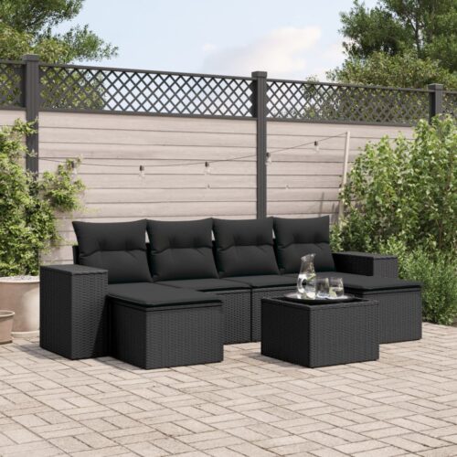 7-Piece Garden Sofa Set with Cushions Black Poly Rattan - Image 2