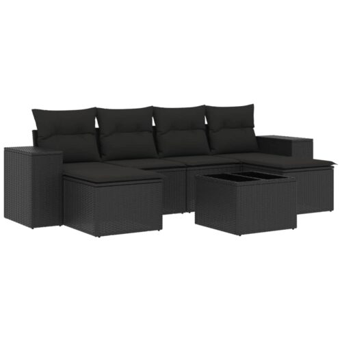 7-Piece Garden Sofa Set with Cushions Black Poly Rattan - Image 5
