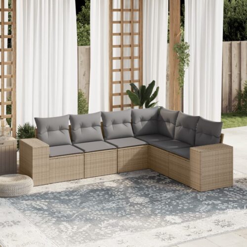 6-Piece Garden Sofa Set with Cushions Beige Poly Rattan - Image 2